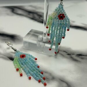 Blue & Green Floral Beaded Earrings